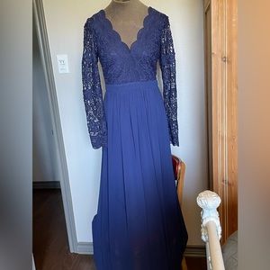 EUC Blue M long sleeve floor length backless formal evening dress lace chiffon
